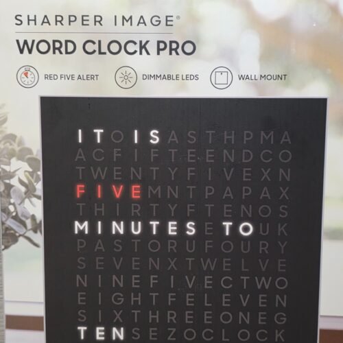 Sharper Image LED Dimmable Light-Up Word Clock Pro Black Modern Design Red Alert
