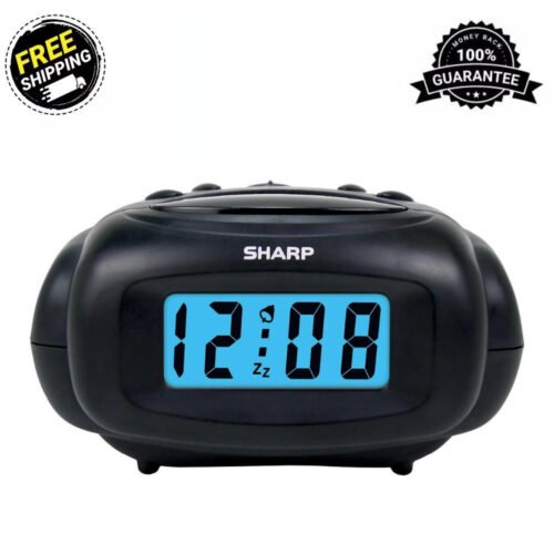 Sharp LCD Digital Alarm Clock, Black, SPC500A Easy to See Blue LCD Display