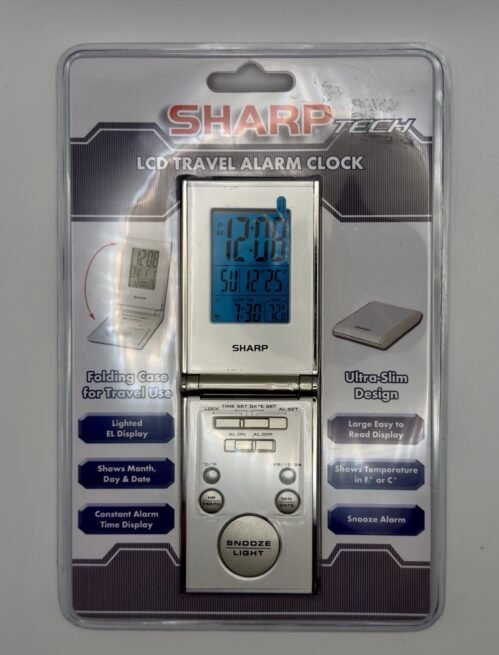 Sharp LCD Ultra Slim Folding Travel Alarm Clock Sealed Lighted Display Temp F/C