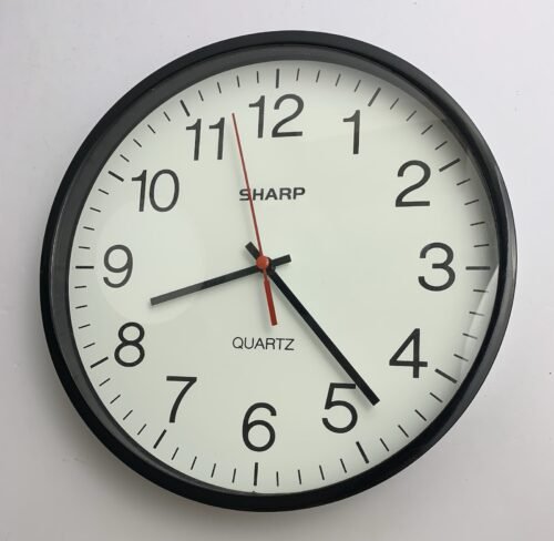 Sharp Quartz Wall Clock Silent Non-Ticking 9” Battery Operated Analog Black