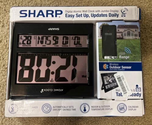 Sharp SPC1107 Black Digital Atomic Wall Clock w/Wireless Outdoor Sensor