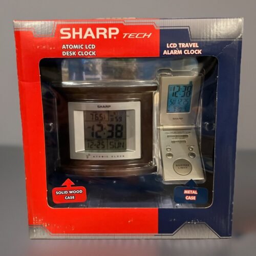 Sharp Tech Atomic LCD Desk Clock & LCD Travel Alarm Clock SPC323 NIB Dark Wood
