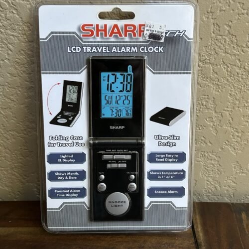 Sharp Tech LCD Travel Alarm Clock Ultra-Slim Design Folding Case Black Unopened