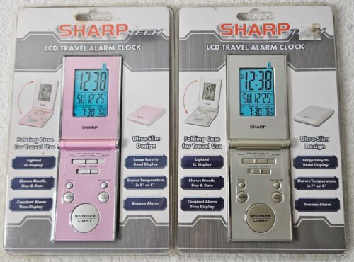 SHARP Tech LCD Travel Alarm Clock Ultra-Slim Design Folding Case Pink or Silver