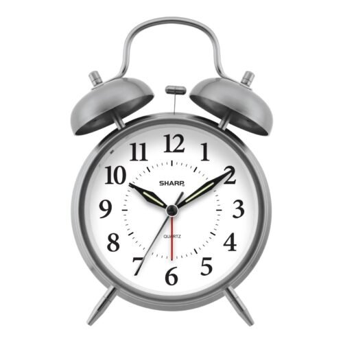 SHARP Twin Bell Quartz Analog Alarm Clock, Silver Brushed Metal, Alarm