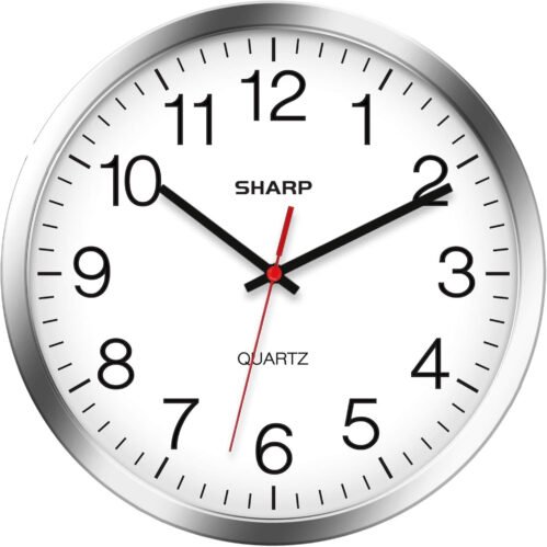 SHARP Wall Clock – Silver/Chrome, Silent Non Ticking 10 Inch Quality Quartz