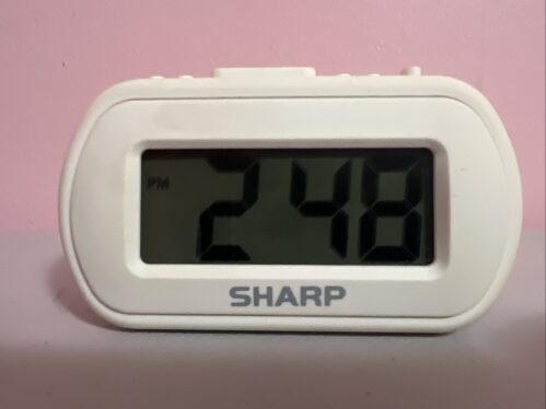 SHARP WHITE Battery Operated Digital Alarm Clock, Compact, For Travel and Home