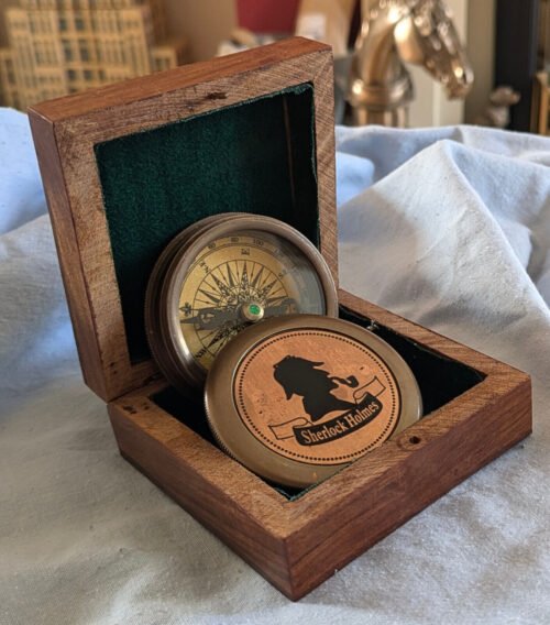 Sherlock Holmes Antique Compass Wooden Box Navy Vintage Victorian Gold Lustre UK