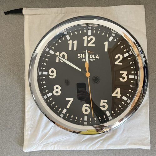 SHINOLA Runwell Wall Clock 14" Black with Chrome Case. Single owner