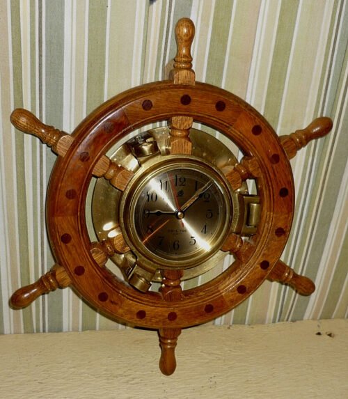 Ship's Wheel Wooden & Brass Porthole Wall Clock by Ship’s Time TAIWAN