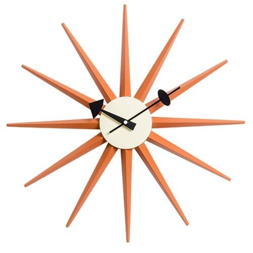SHISEDECO Modern Sunburst Clock in Orange - Non Ticking, Wooden Mid Century R...