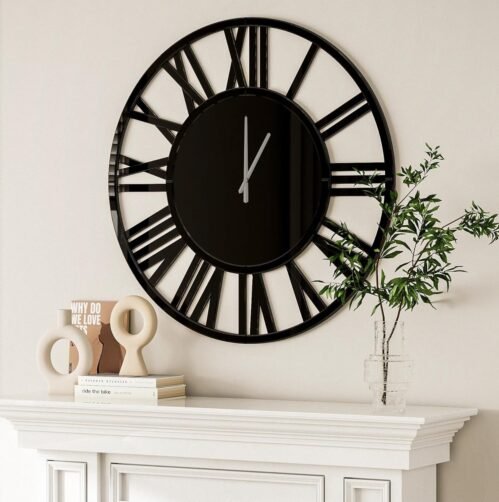 SHYFOY 39.3" Oversized Wall Clock Modern Black Mirror Finish with Roman Numerals