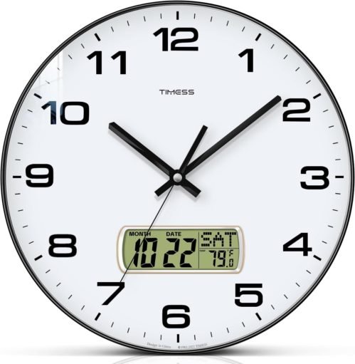 Silent 12” Wall Clock, LCD Calendar and Temperature, Modern Black