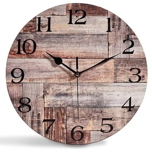 Silent Non-Ticking Wall Clocks, Brown Pine Plank Rustic 12 Inch Wood Barn Board