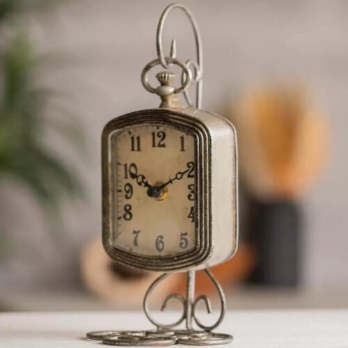 Silver Distressed Metal Vintage Table Clock Countertop Home Decor