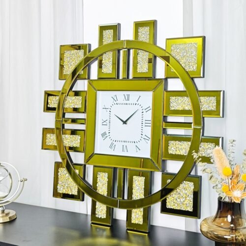 Silver/Gold Mirrored Clock with Crushed Diamond Beveled Glass Wall Decor Clocks