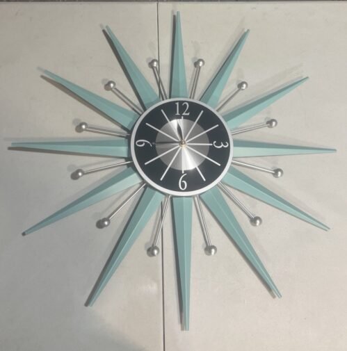 Silver & Teal Atomic Starburst Wall Clock Mid Century Modern 25” Battery