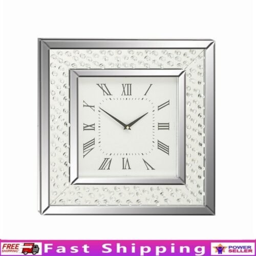 Silver Wooden Mirrored Wall Clock W/ Floating Crystals Modern Glam Decor New