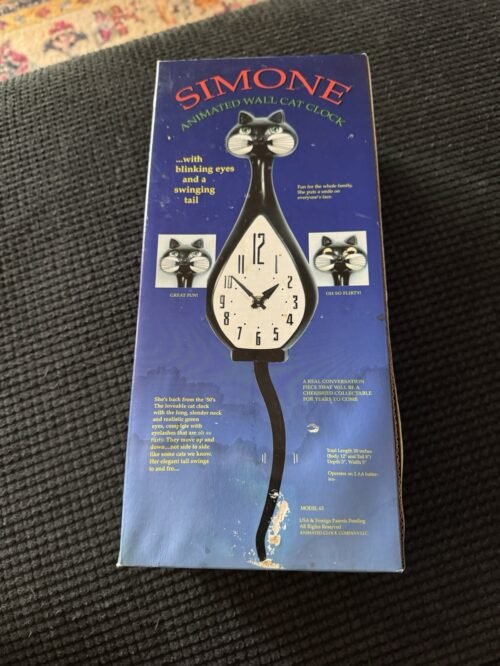 Simone Animated Wall Cat Clock Black Swinging Tail & Blinking Eyes New Old Stock