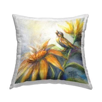 Singing Bird Yellow Floral Nature Tan Square Outdoor Throw Pillow
