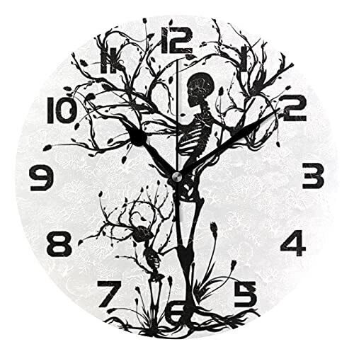 Skull Skeleton Tree Wall Clock Silent Nontickinghalloween Gothic 9.5 Inch Round