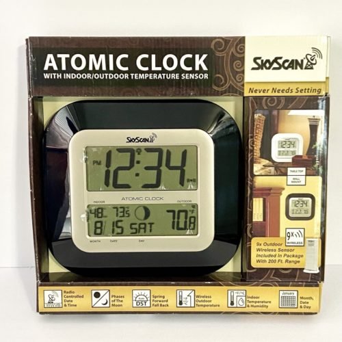 Skyscan Atomic Wall Clock • 9”Black • Moon Phases, Auto Set, In/Out Temp NOTES