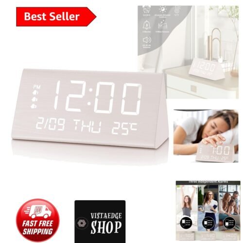 Sleek LED Clock with Independent Alarms, Temperature Display & Stylish Wood