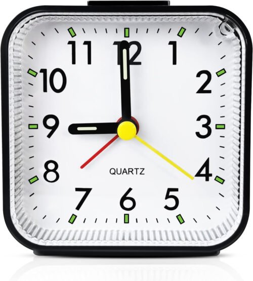 Small Analog Travel Alarm Clock, Battery Operated, Quiet, Black, Bedside Use