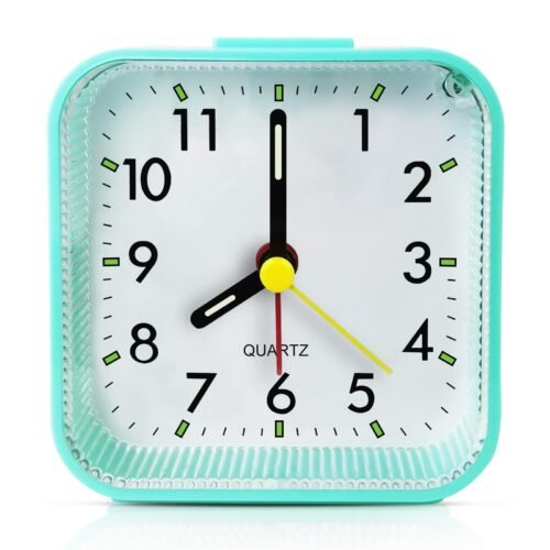 Small Battery Operated Analog Alarm Clock Green Quiet Travel Bedside Desk