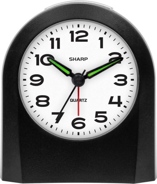 Small Battery Operated Analog Alarm Clock Silent No Ticking Lighted on Demand