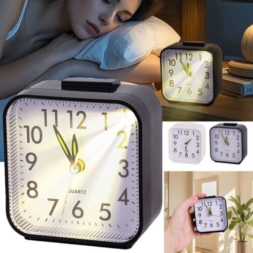 Small Battery Operated Analog Travel Alarm Clock Silent No Ticking Lighted