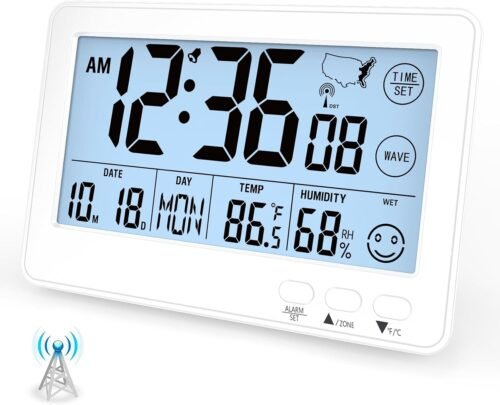 Small Desk Atomic Alarm Clock for Bedroom, Self-Calibrating Time and Date Clock