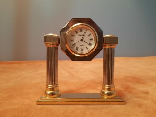 Small Desk Clock Lucida Quartz Heavy Metal Golden 3 3/4" Tall