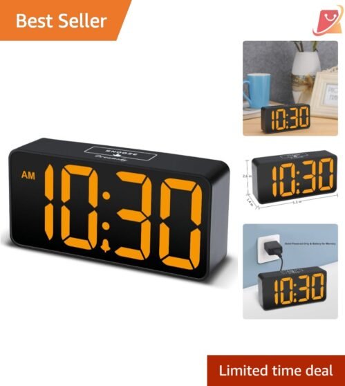 Small Digital Alarm Clock Plastic Tabletop with USB Port, Adjustable Volume &...