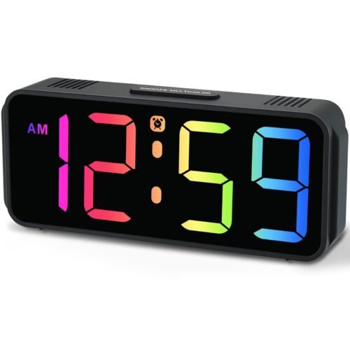 Small Digital Alarm Clock RGB Display Dimmable Plug-In with Battery Backup