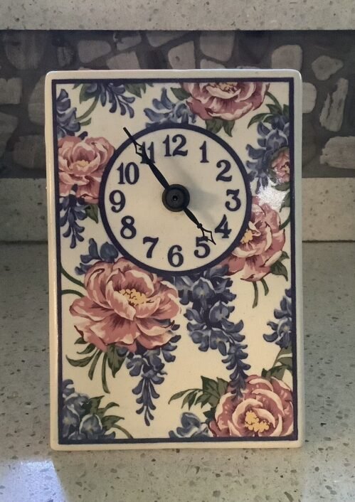Small Floral Ceramic Tile Clock, Battery Run, Tabletop Or Wall Hung, 6 1/2”x 4”