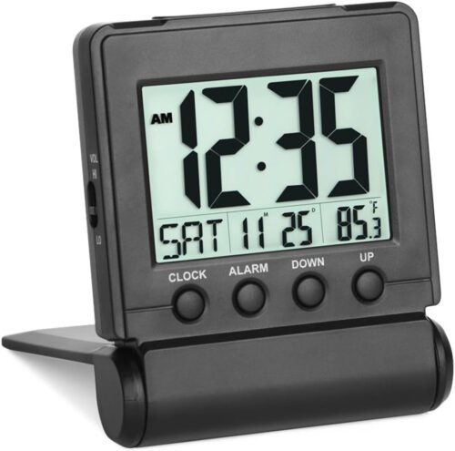 Small Folding Digital Travel Alarm Clock with Day/Month/Date, Black