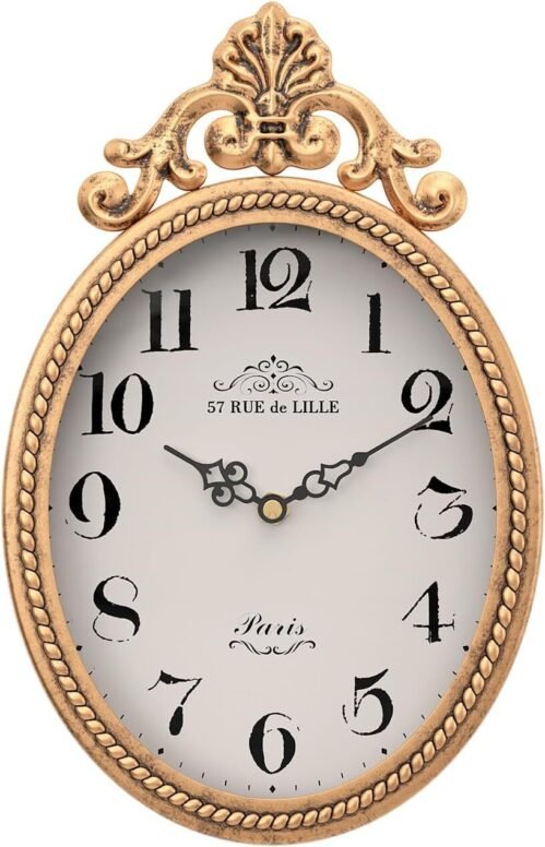 Small French Retro Decorative Wall Clock, Antique Gold Vintage Oval Style,Silent