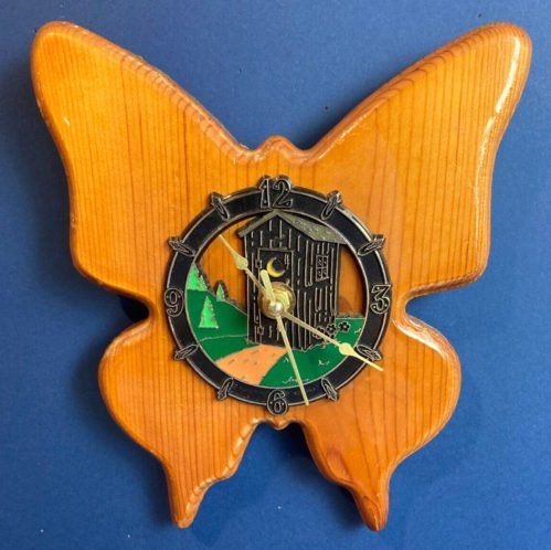 Small, Hand Carved Wood, Butterfly-Shaped, Wall Clock, W/Country-Themed Face