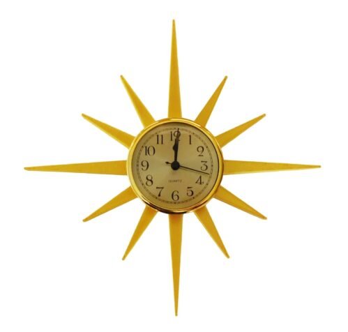 Small Mid-Century Modern Gold Sunburst Wall Clock – 3D Printed Retro Design