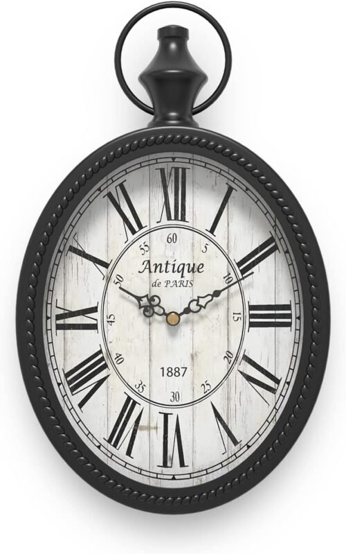 Small Retro Oval Wall Clock, Antique Old Design, Black Vintage Style, B