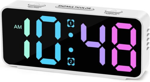 Small Super Loud Alarm Clock with Large RGB Display and Dual Alarms (White)