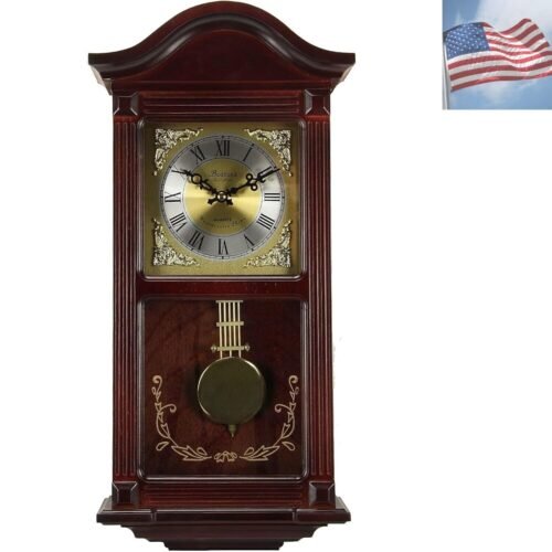 Small Wood Wall Clock with Brass Pendulum and 4 Chimes, 22 Inch, Mahogany Che...