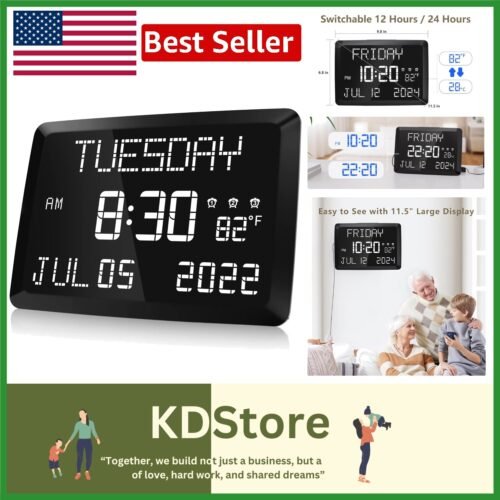 Smart 11.5" Alarm Clock with Brightness Control & 3 Alarms for Home or Office