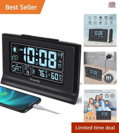 Smart Alarm Clock with Indoor Temperature, USB Charging, and Moon Phase Display