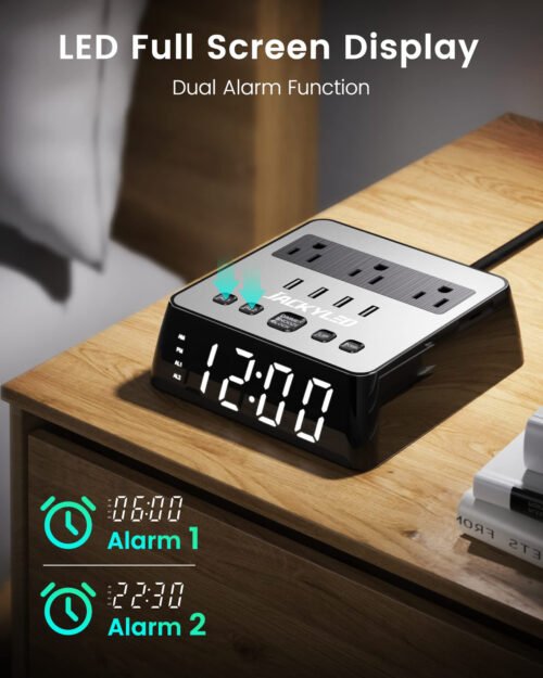 Smart Alarm Clock with USB Charger for iPhone android 3 Outlets Surge Protector