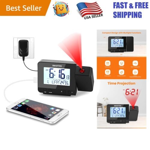 Smart Digital Alarm Clock with Ceiling Projector & Indoor Temperature Monitor