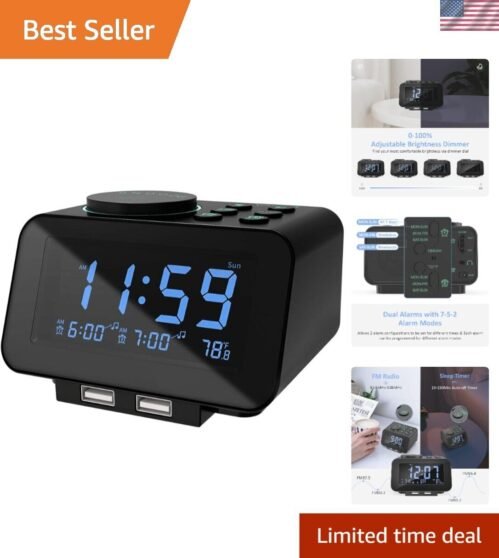 Smart Dual Alarm Clock Radio with USB Ports & Sleep Timer - Effortless Setup
