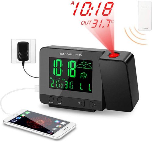 SMARTRO SC31B Digital Projection Alarm Clock with Weather Station, Indoor USB AC