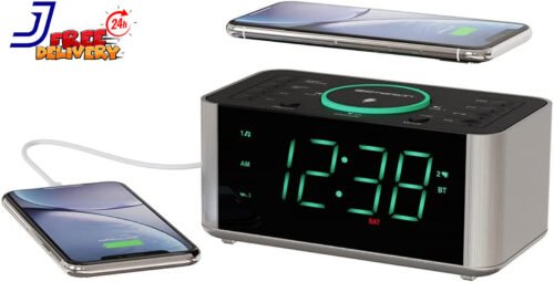 Smartset Dual Alarm Clock Radio and QI Wireless Phone Charger with Bluetooth USA